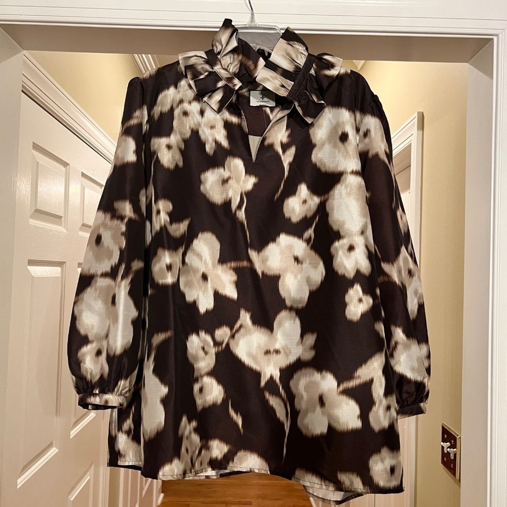 NWOT Tuckernuck Bouvier Ruffle Neck Brown Tan Print Top Blouse Shirt Size XXL - Picture 4 of 5